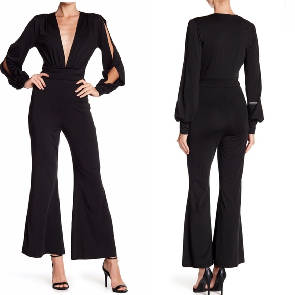 Split Sleeve Jumpsuit w/Deep V Neck & Flared Leg - Picture 3 of 6